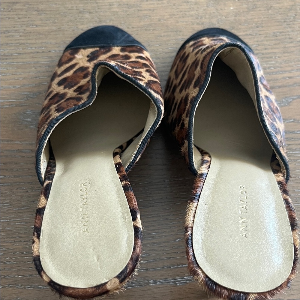 Ann Taylor Calf Hair Leopard Print Women's Mules Black Suede Toe Tip Size 6.5 - Picture 4 of 10